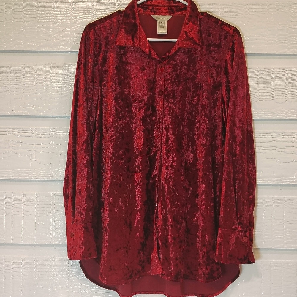 Multiples Blouse Women's Medium Crushed Cranberry Red Velvet Button Up 90s Y2K